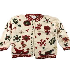 Vintage 90s Jennifer Reed Christmas Cardigan Women L Embellished Holiday Sweater